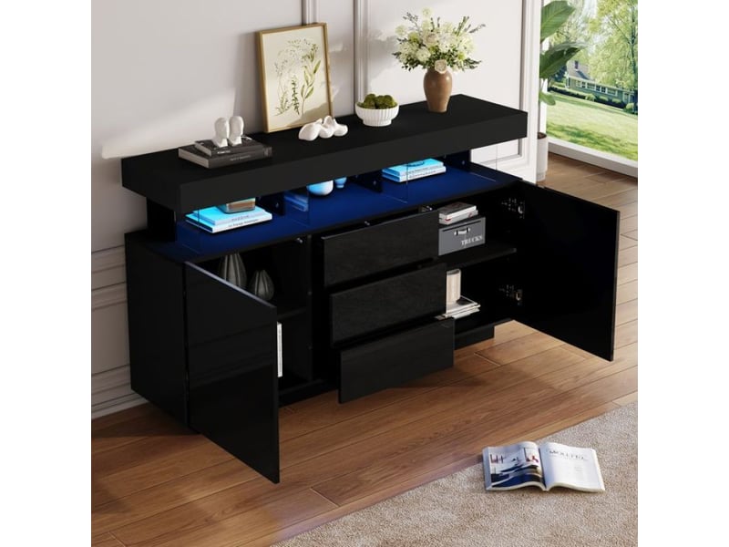  Buffet moderne, moderne, deux portes et trois tiroirs, meuble de rangement brillant, buffet de salon avec éclairage led, 140×35×80cm, noir  - Conforama C