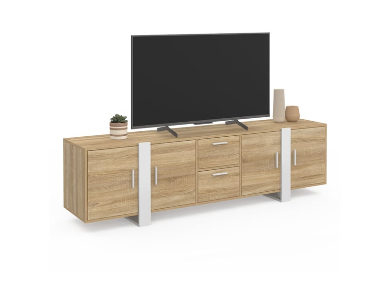 Meuble tv 180 cm phoenix 4 portes + 2 tiroirs bois et blanc  - Conforama A