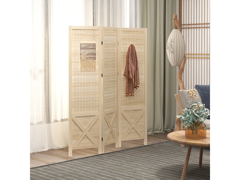  Paravent intérieur en bois 3 panneaux séparateur de pièce pliable panneau perforé bois naturel 114 x 1,7 x 144,5 cm  - Conforama D