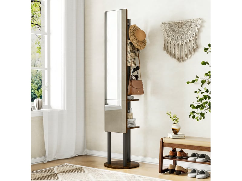  Miroir sur pied 40x174 cm pivotant 360°, porte-manteaux, meuble d'entrée et dressing, métal et panneaux, noir et marron  - Conforama D