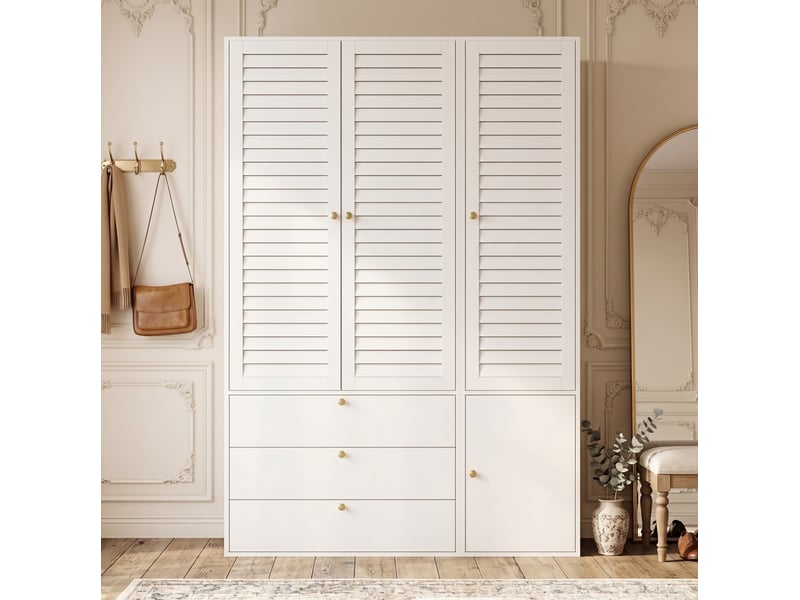  Armoire 3 portes modenvie à portes persiennées 135 x 50 x 200 cm avec 3 tiroirs, 2 tringles et porte-pantalons, panneau de particules blanc  - Conforama E