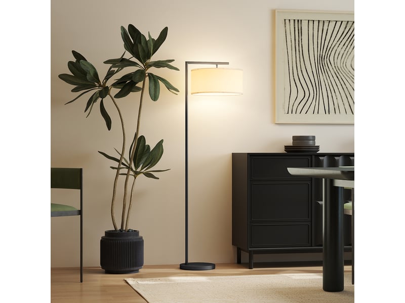  Lampadaire noir avec abat-jour en tissu blanc et interrupteur au pied, douille e27, 153 cm pour salon ou coin lecture  - Conforama B
