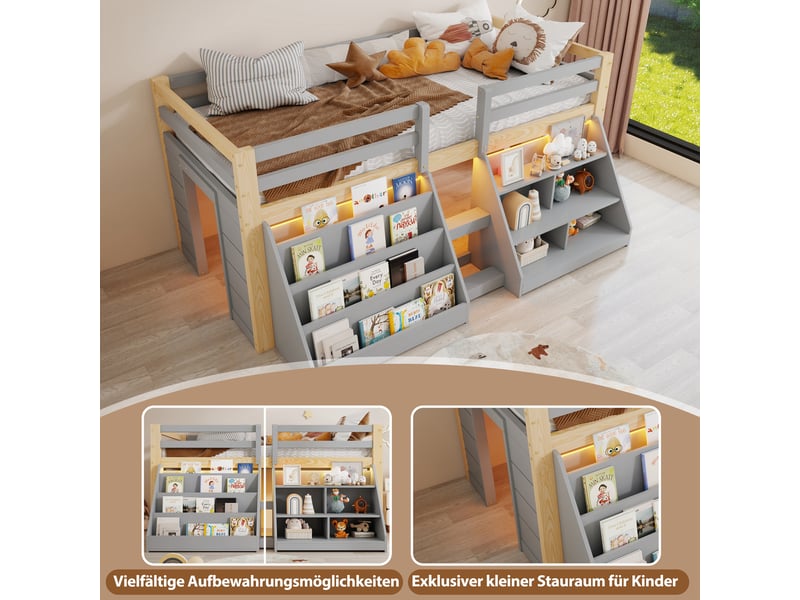  Lit mezzanine enfant 90x200cm en pin avec compartiments ouverts et led,lit superposé simple avec échelle et barrières de sécurité,sans matelas-gris et naturel  - Conforama E