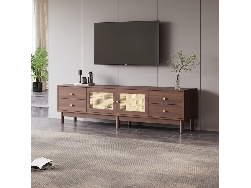  Meuble tv 180x35x44cm avec 4 tiroirs 2 portes rotin passage câbles 80 pouces panneau de particules marron  - Conforama B