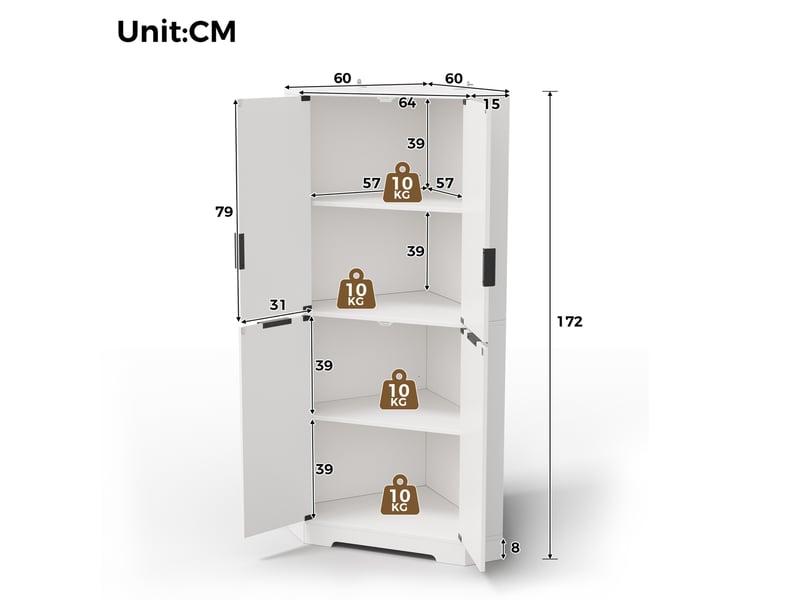  Armoire d'angle 60x60x172 cm 4 portes et étagères réglables blanc  - Conforama C