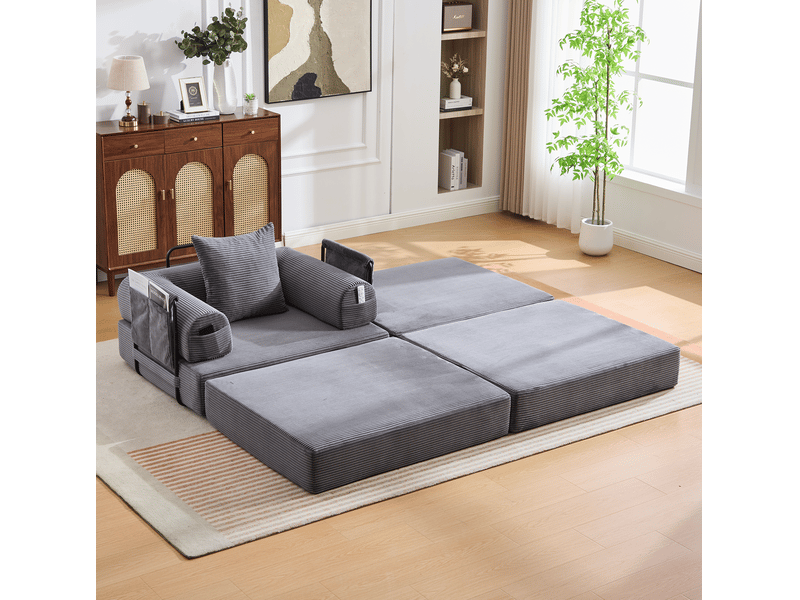  Fauteuil modulable 1 place en velours côtelé gris foncé avec repose-pieds et coussin  - Conforama C