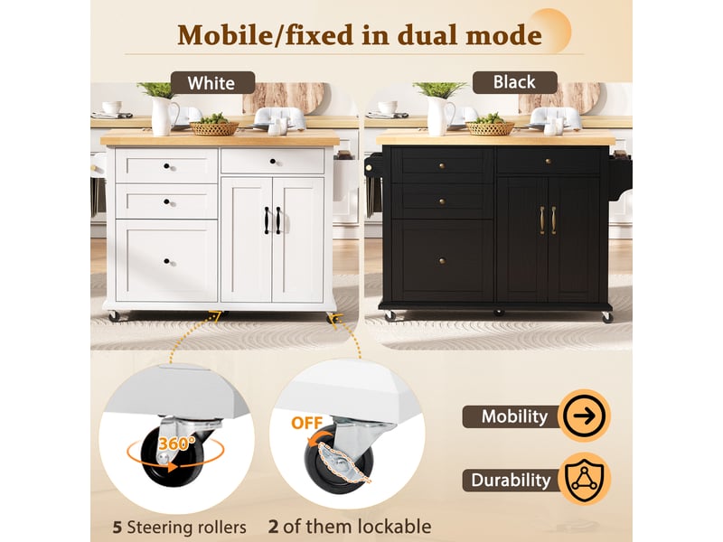  Desserte de cuisine 2 portes, tiroirs et plateau extensible avec roulettes en mdf 107×45-70×90,5 cm blanc  - Conforama C