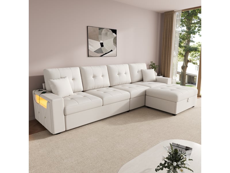  Canapé d'angle modulable 4 places en tissu lin, avec pouf à rangement, ports usbtype-c et éclairage led  - Conforama R