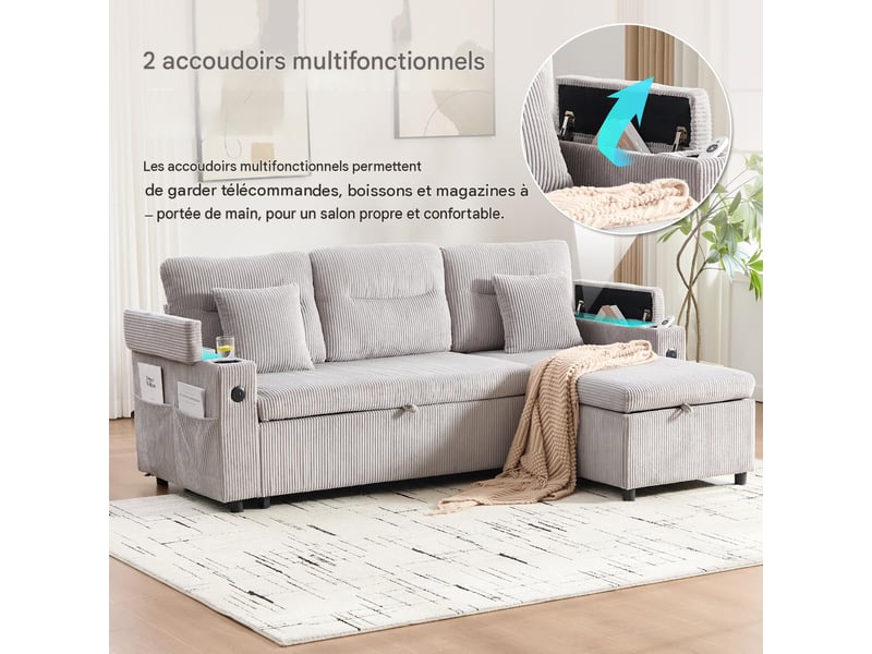  Canapé d'angle convertible 3 places en velours côtelé gris clair W2845S00263 - Conforama D