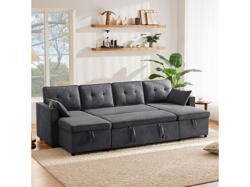 Canapé d’angle convertible en u 4 places 270x130x86 cm en coton et lin, avec coffres latéraux, 2 porte-gobelets, poche et 2 coussins - Conforama C