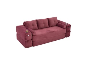 Canapé revêtement en cord mousse haute densité et noyau ressorts forme stable et assise confortable poches de rangement porte-gobelet coussin mémoire et 2 coussins décoratifs livré sous vide et montage rapide