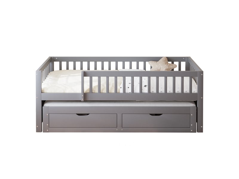  Lit banquette gigogne 200×90 cm avec couchage d’appoint, 2 tiroirs et barrières, en bois gris  - Conforama A