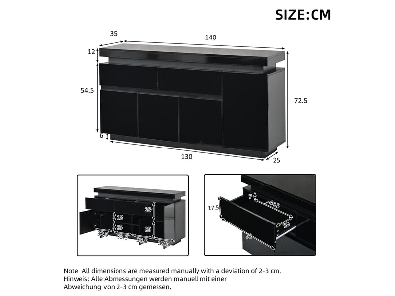  Buffet 140 x 35 x 72,5 cm en panneaux de particules avec 2 tiroirs, 4 portes et led noir chicfurn  - Conforama D
