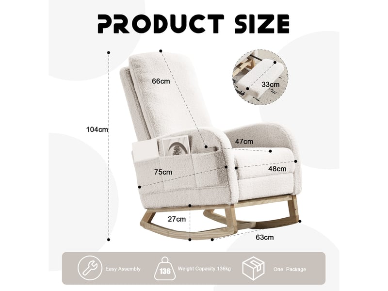 Fauteuil à bascule adulte 75x63x104 cm – blanc – repose-pieds, poche latérale et dossier haut ergonomique - Conforama B