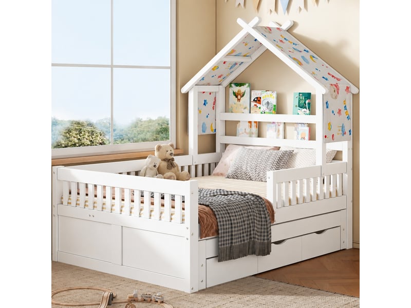  Lit cabane blanc 140x200 cm avec lit gigogne, barrières de sécurité et 3 tiroirs  - Conforama C