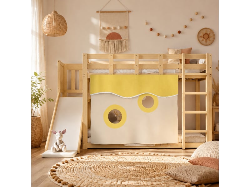  Lit superposé enfant 90×200 cm avec escalier, toboggan et rideaux  - sans matelas, bois - naturel  - Conforama B