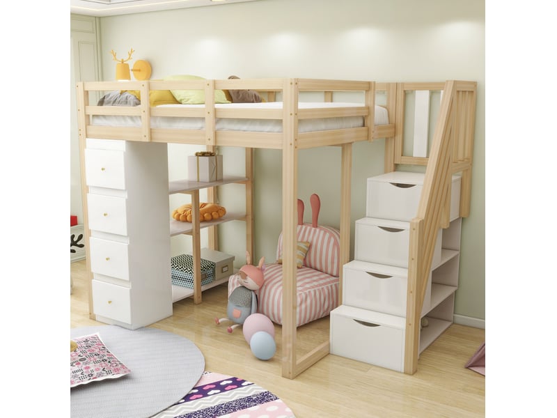  Lit mezzanine 140x200cm, li enfant avec 4 tiroirs, étagères, escalier, espace de rangement et sommier, pin+mdf, blanc+bois, sans matelas  - Conforama W