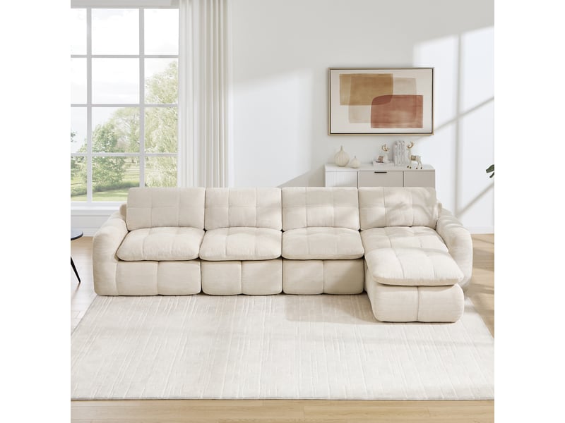  Canapé d’angle modulable 4 places en chenille beige – 334 x 160 x 68 cm Fay Lum - Conforama B