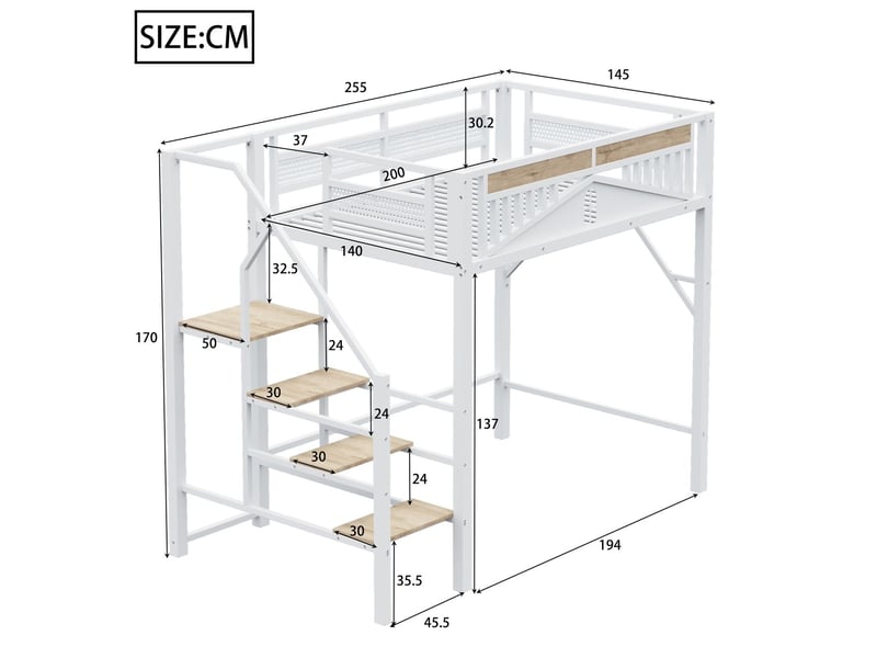  Lit mezzanine 140x200, structure métal robuste lit mezzanine, escalier sécurité rangement intégré  - Conforama C