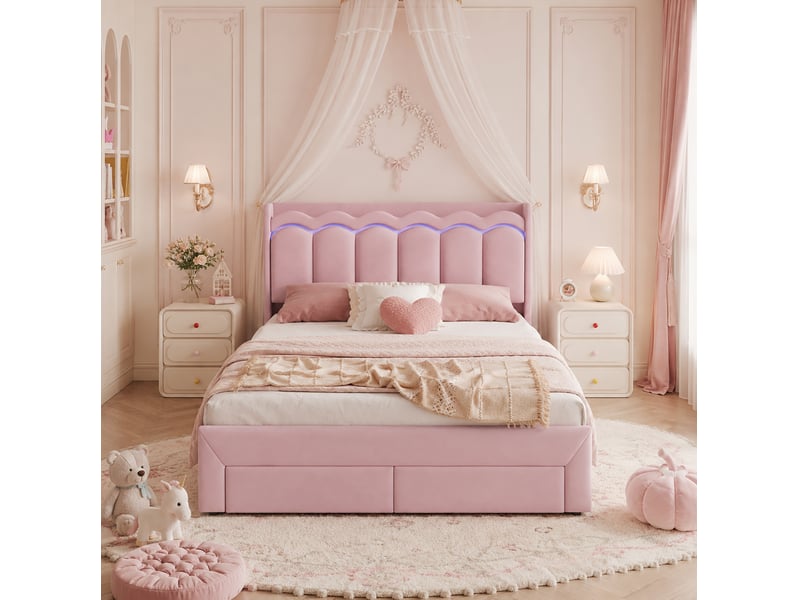  Lit enfant 140x200 cm, lit 2 places avec 2 tiroirs couleur rose, led, mdf et métal, sans matelas, moderne  - Conforama D