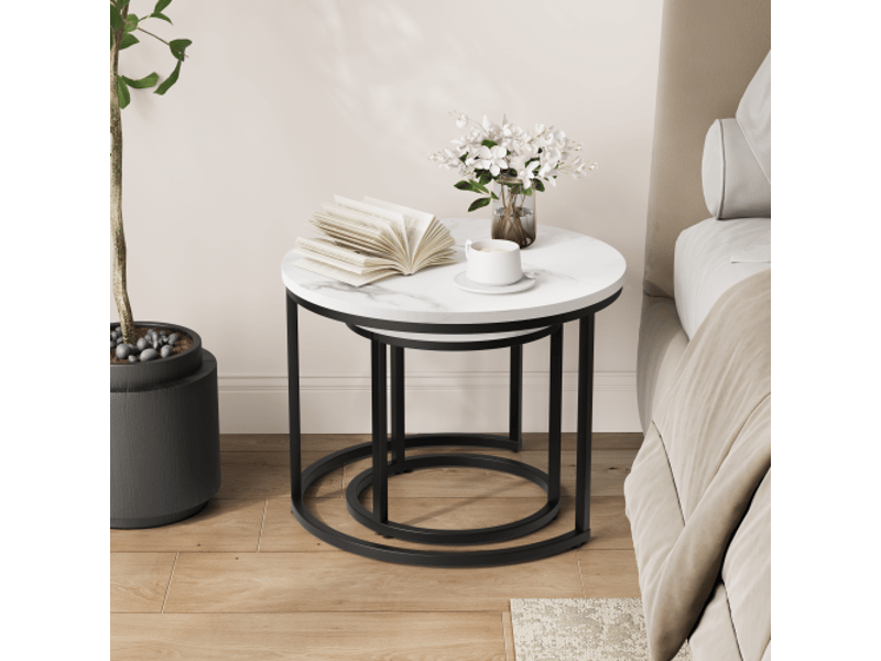 Table basse gigogne blanche 2 pièces – cadre métallique rond 60 cm, moderne – salon, chambre, bureau, petit espace - Conforama E