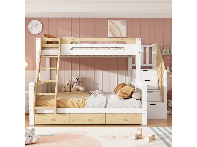 Lit superposé familial 90x200 et 140x200 cm, escalier avec rangement, échelle, 3 tiroirs, bois blanc et naturel Radiant Stride - Conforama D