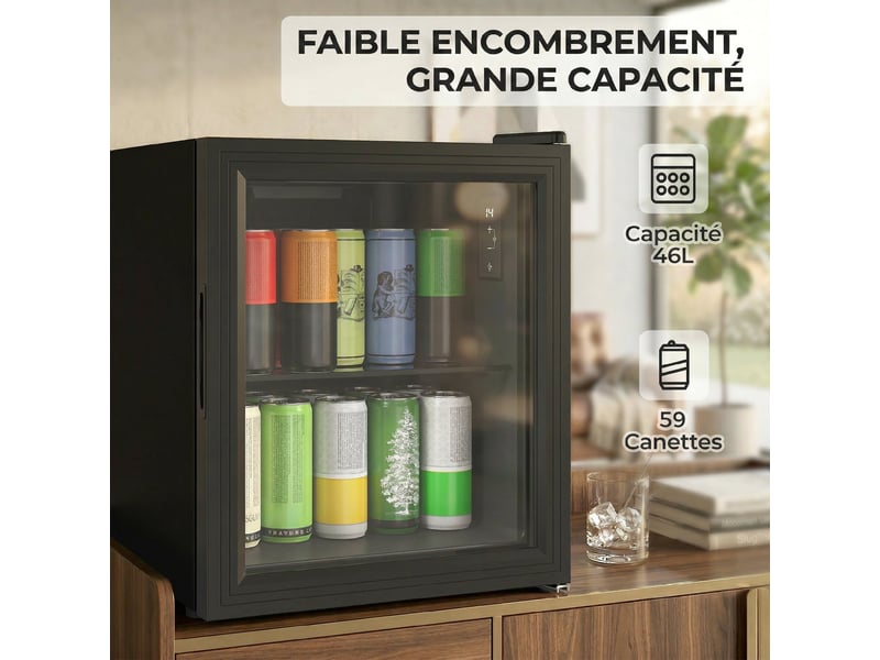 Réfrigérateur à boissons 46l 59 canettes, noir, mini frigo silencieux pose libre avec porte en verre trempé double - Conforama D