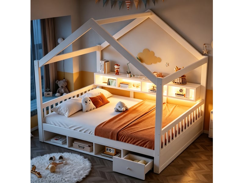 Lit 140x200 cm avec cadre en toit, rangements, éclairage et prises, pour chambre, en bois et mdf, blanc, sans matelas - Conforama D
