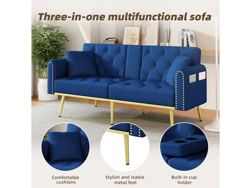  Canapé convertible 2 places 175 x 80 x 73,5 cm avec fonction couchage, dossier réglable 3 positions, porte-gobelet intégré, coussins de soutien, velours - bleu  - Conforama E