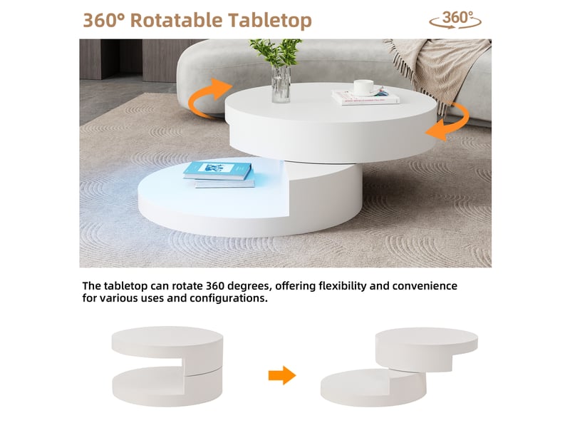 Table basse, pivotante à 360°, avec éclairage led, 70 x 70 x h 35,5 cm, blanc, structure en mdf, forme cylindrique, double niveau, pour votre salon Luxe haut de gamme - Conforama D