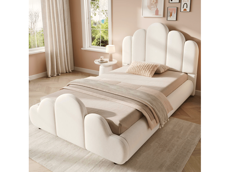  Lit enfant 90 × 200 cm 1 place avec tête de lit rembourrée et angles arrondis, sans matelas, en velours beige  - Conforama C