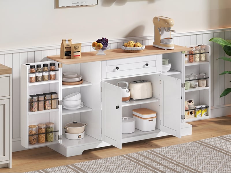 Buffet de cuisine - buffet avec tiroir, 4 portes vitrées et étagères réglables, 138x40x85cm pour la cuisine, le salon et la chambre à coucher, blanc - Conforama B
