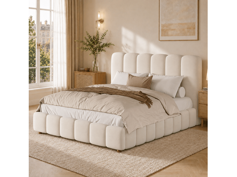 Lit coffre 140x190 cm hydraulique velours beige sans matelas  - Conforama C