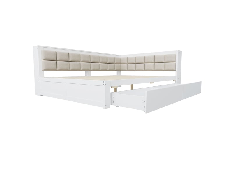  Lit enfant 140x200 cm, canapé-lit avec dossier, 2 tiroirs, rangement et sommier, pin, blanc, sans matelas  - Conforama D