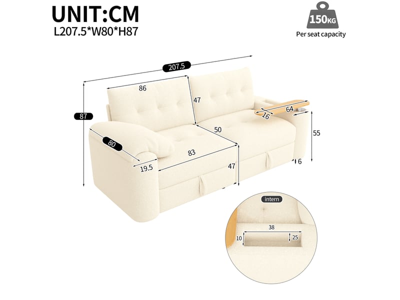  Canapé modulaire 2 places en tissu teddy beige avec rangement et table d'appoint intégrée  - Conforama E