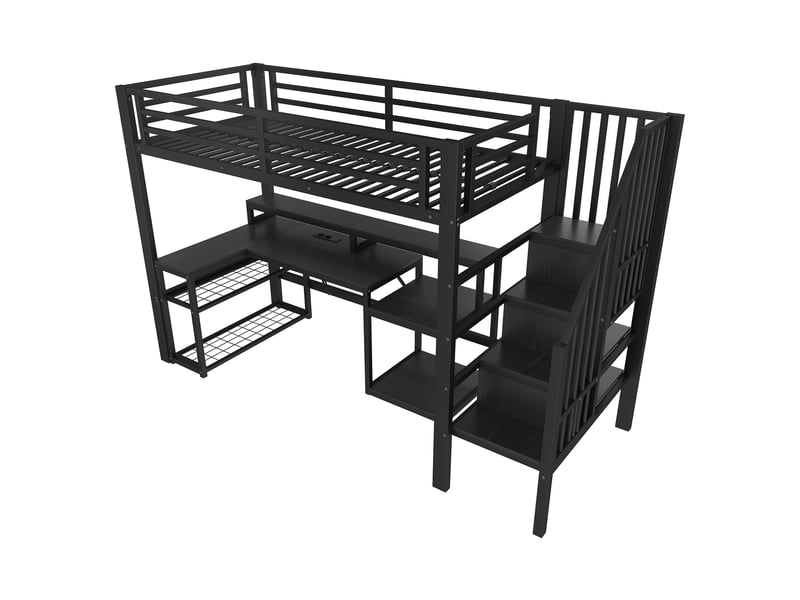 Lit mezzanine avec bureau, escalier rangement, led et usb, métal noir, 90x200 cm, sans matelas - Conforama E
