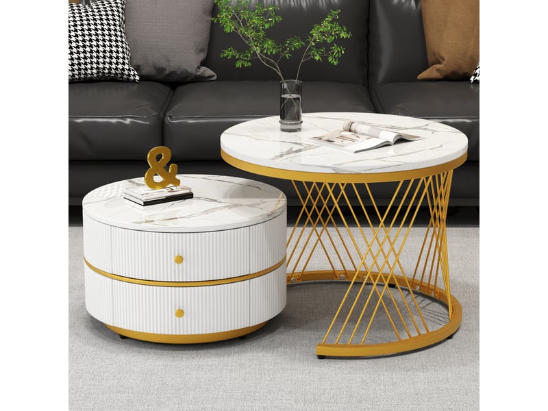  Table basse gigogne blanche lot de 2 tables basses rondes effet marbre avec 2 tiroirs  - Conforama B