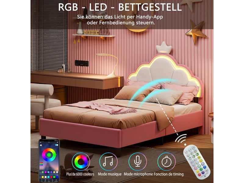  Feeohome lit pour enfant rembourré 140x200cm, lit de princesse en forme de couronne avec led, lit simpledouble pour fille tête de réglable en hauteur et sommier à lattes, sans matela  - Conforama B