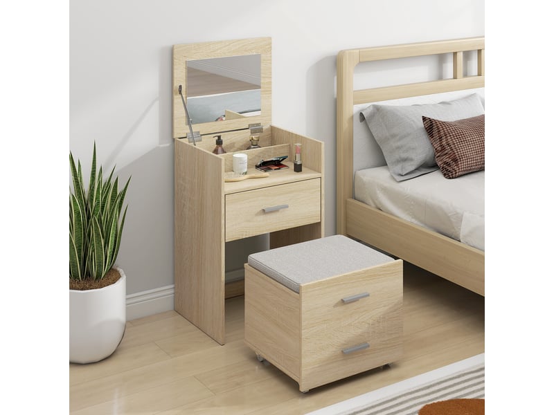  Coiffeuse avec miroir pliant, tiroirs et tabouret, en bois et tissu effet lin, coloris bois  - Conforama C