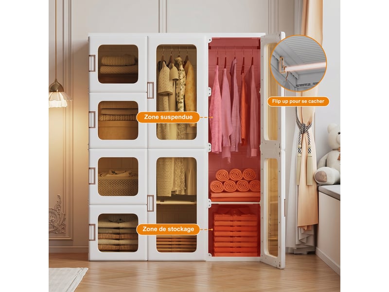  Armoire de rangement pliable en pp,12 compartiments + 2 tringle, portes transparentes pet,pour chambre,blanc,104x50x136 cm  - Conforama R