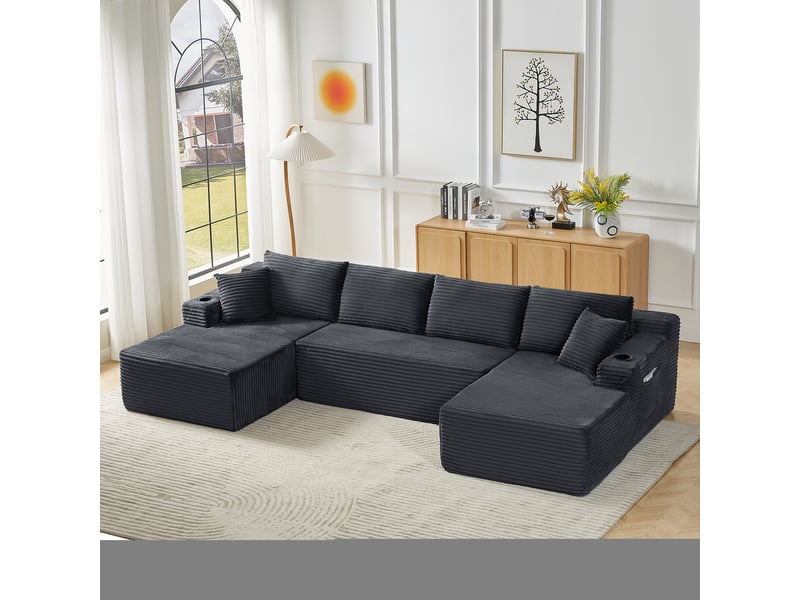  Canapé panoramique modulable 6 places en u 339x168x82 cm, canapé nuage sans montage, assise xxl, mousse à mémoire de forme, velours côtelé gris foncé  - Conforama B