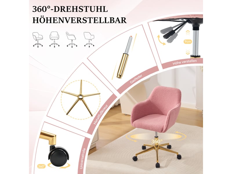  Chaise de bureau 58x63x86cm - hauteur réglable, pivotant 360° et roulettes universelles ,base dorée - peluche - rose  - Conforama E