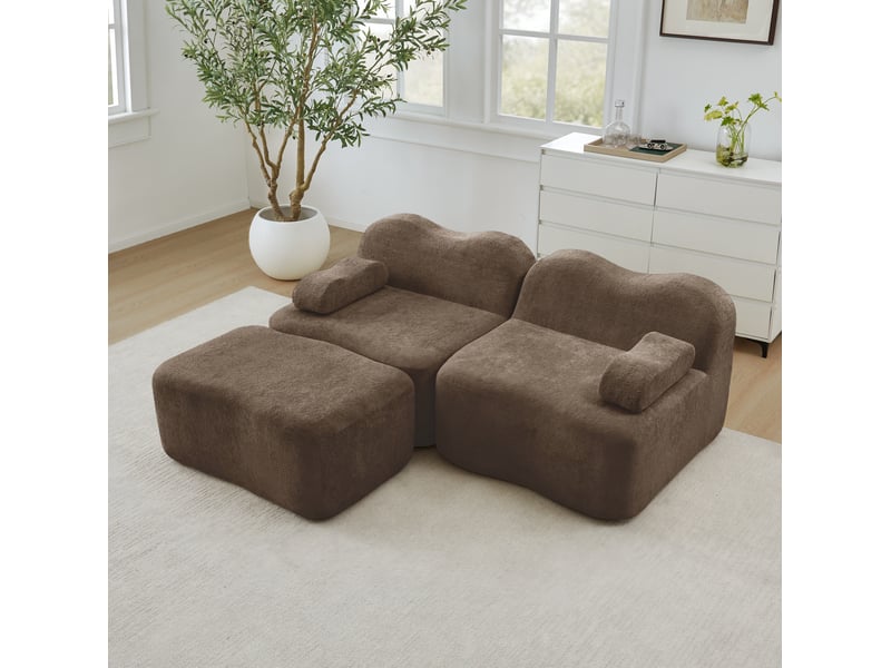 Canapé modulaire 2 pl 192x167x70 cm, pour salon, ottoman et coussin d'accoudoir déplaçable, forme ondoyante, velours, marron - Conforama B