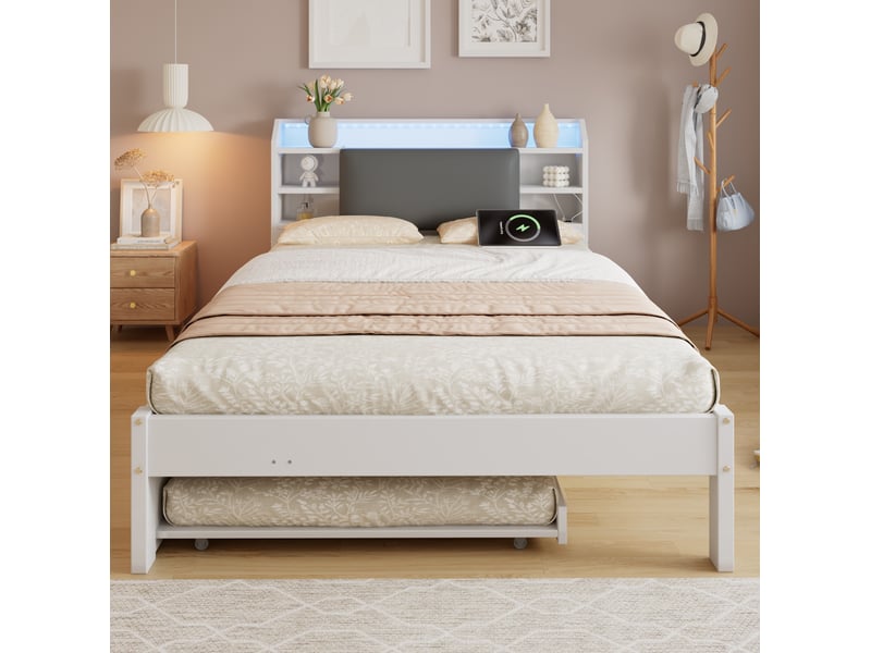  Lit gigogne jeune 120x200 cm, espace de rangement, avec led, rangement et station de charge, bois, blanc, sans matelas  - Conforama D
