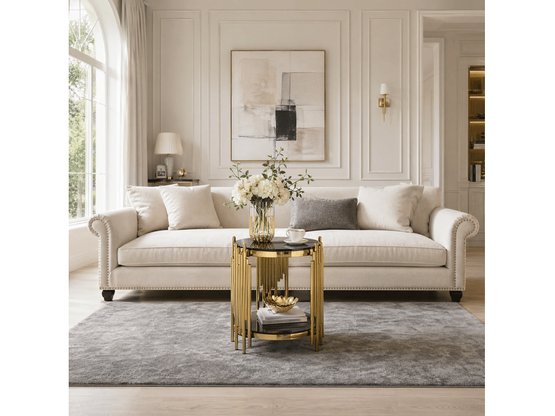 Bout de canapé rond 45x55 cm, double plateau, verre trempé, acier inoxydable, design moderne, noir et doré - Conforama B