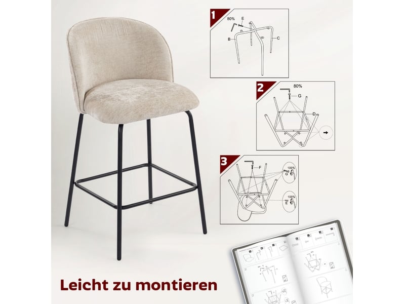  Tabouret de bar lot de 2 avec dossier ergonomique, assise rembourrée et repose-pieds, en polyester, beige  - Conforama C