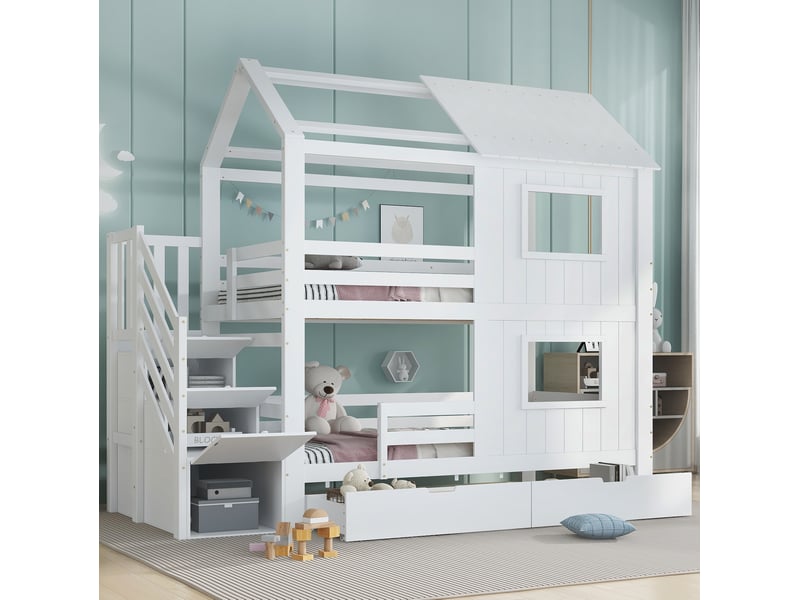  Lit superposé enfant 90 x 200 cm avec rangements et tiroir à roulettes, blanc  - Conforama D