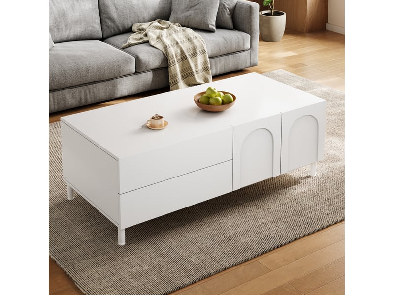  Table basse avec 2 tiroirs et 2 portes à motif arqué, rangement fermé pour salon, blanc, 100 × 50 × 39,5 cm  - Conforama D