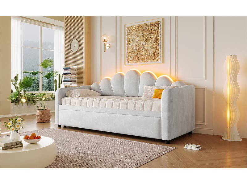  Lit banquette gigogne 90 × 200 cm, couchage relevable et led, gris  - Conforama E