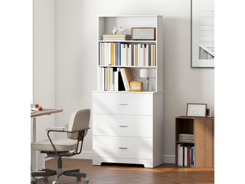  Bibliothèque haute, vitrine à 3 tiroirs et 3 étagères ouvertes, pour salon ou cuisine, 79 x 39,5 x 180 cm, blanche  - Conforama C